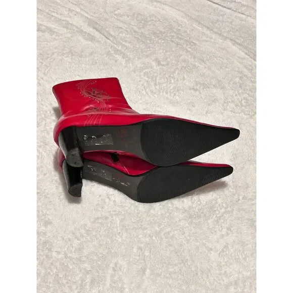 Vintage 90's Y2K Red Leather Pointed Toe Kitten Heel Ankle Boots by BELLE - Picture 8 of 11